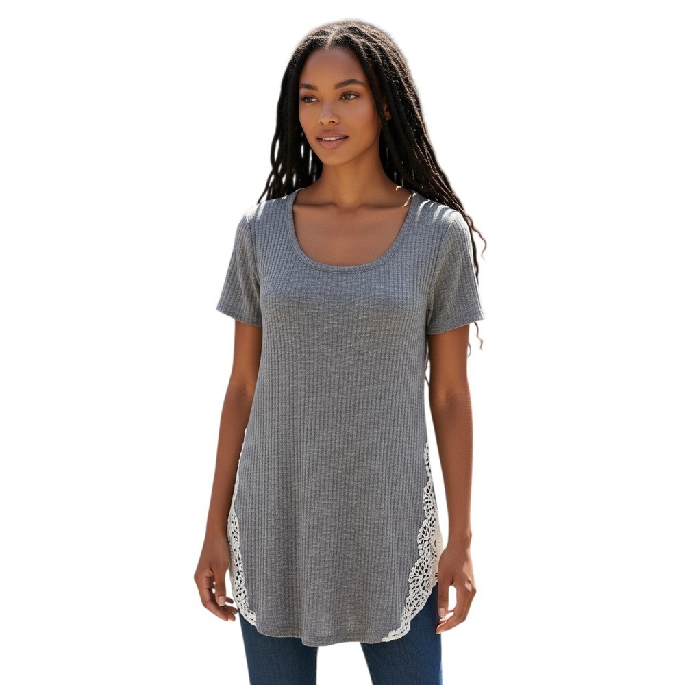 Almost Famous Ribbed Knit Tunic Top Women's Medium Gray Crochet Accent Casual